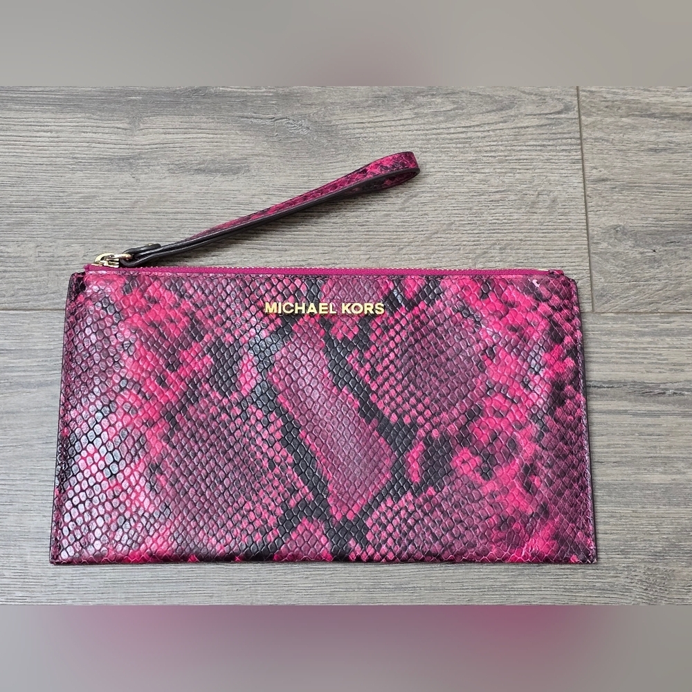 Michael Kors Large Pink Black Snake Embossed Leather Wristlet Boss Lady
